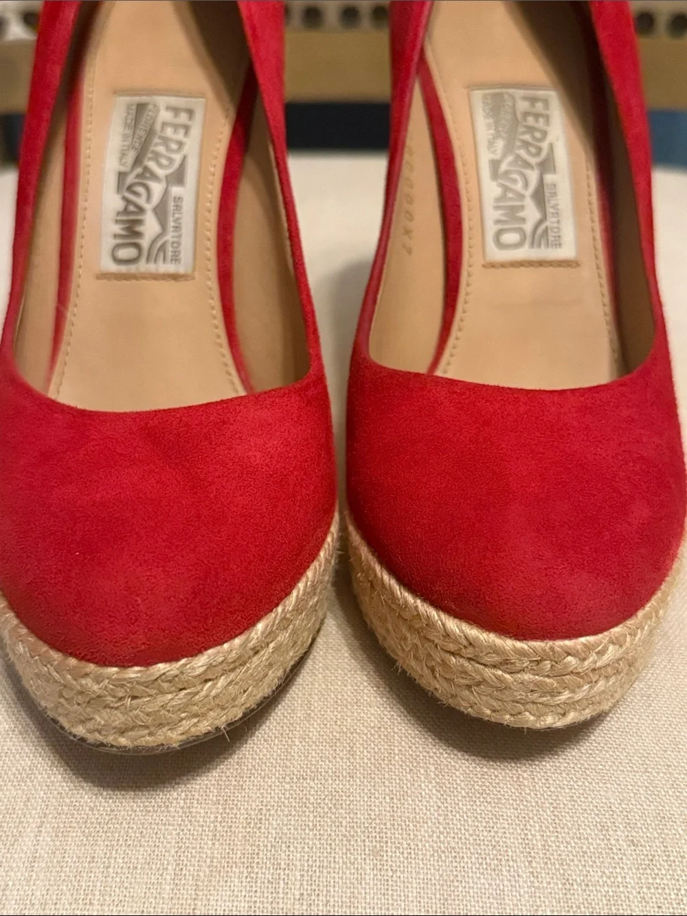 Salvatore Ferragamo Red Suede “Bernie” Espadrille Platform Wedges, Size 6C